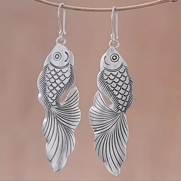 Vintage Style Bohemian Fish Shaped Drop Earrings Silver Plated| Holiday Gift - Picture 1 of 6
